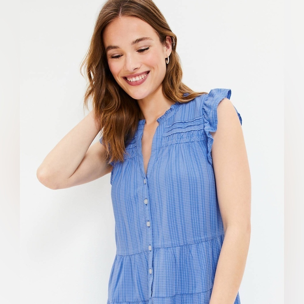 Loft Striped Flutter Sleeve Button Down Tiered Sw… - image 2